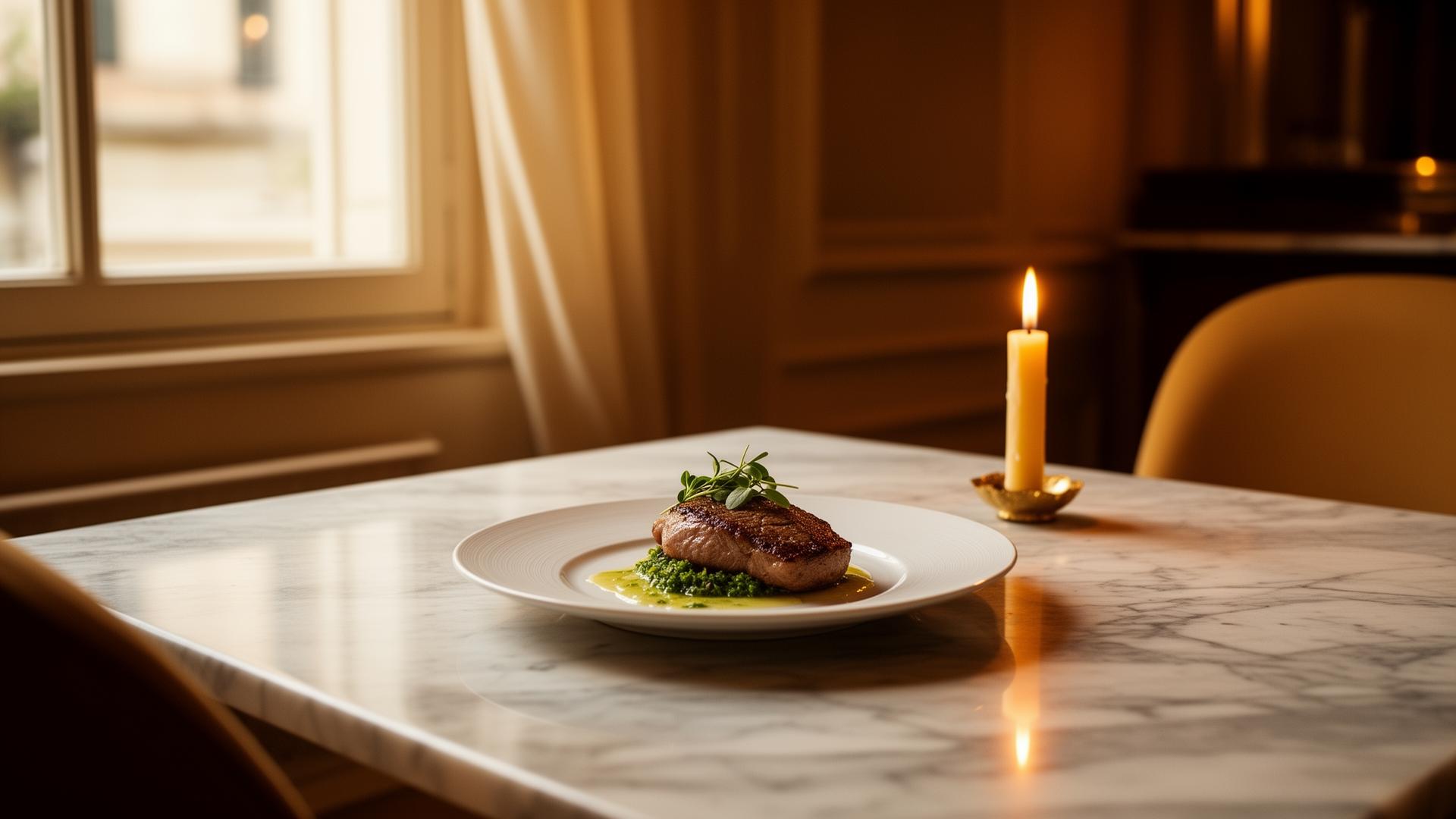 An intimate Italian dining room set for the evening